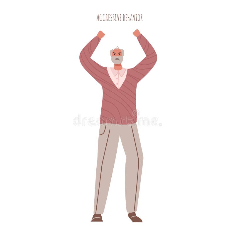 Alzheimers or Parkinsons disease - angry aged senior men with mental problems aggressive behavior and evil mood, old people with dementia signs and symptoms - vector isolated person on white. Alzheimers or Parkinsons disease - angry aged senior men with mental problems aggressive behavior and evil mood, old people with dementia signs and symptoms - vector isolated person on white
