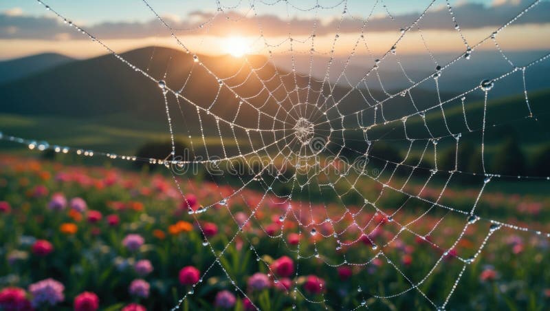 Ηλιοβασίλεμα στο Spiderweb πάνω στο Λουλούδι διανυσματική απεικόνιση