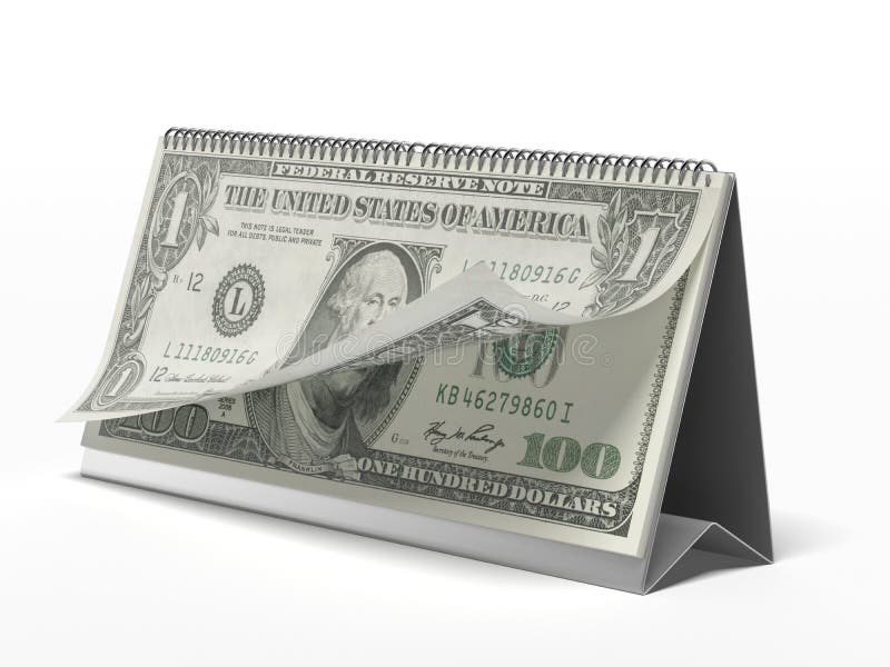 Calendar with dollar bills isolated on a white background. Calendar with dollar bills isolated on a white background