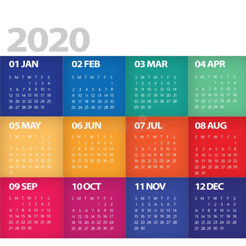 2020 ημερολογιακές ενάρξεις σύγχρονο ζωηρόχρωμο σε φωτεινό της Κυριακή απεικόνιση αποθεμάτων