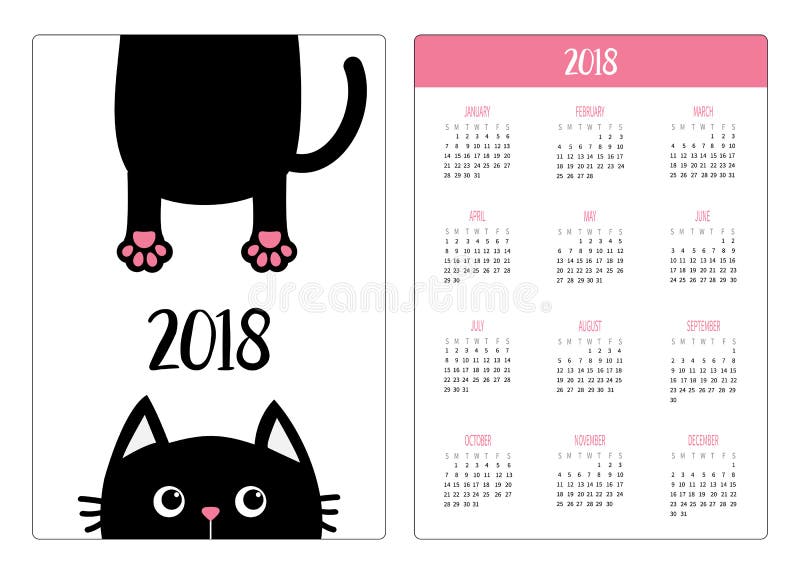 Pocket calendar 2018 year. Week starts Sunday. Black cat Funny face head. Hanging body. Paw print, tail. Cute cartoon character. Kawaii animal. Baby pet collection. Flat design White background Vector. Pocket calendar 2018 year. Week starts Sunday. Black cat Funny face head. Hanging body. Paw print, tail. Cute cartoon character. Kawaii animal. Baby pet collection. Flat design White background Vector