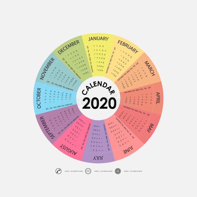 2020 ημερολογιακό πρότυπο Ημερολογιακό πρότυπο κύκλων Ημερολογιακό 2020 σύνολο 12 μηνών Ενάρξεις από την Κυριακή Ετήσιο ημερολογι διανυσματική απεικόνιση