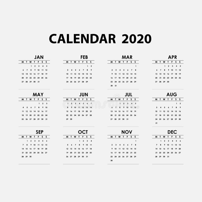 2020 ημερολογιακό πρότυπο Ημερολογιακό 2020 σύνολο 12 μηνών Ετήσιο πρότυπο χαρτικών ημερολογιακού διανυσματικό σχεδίου επίσης cor απεικόνιση αποθεμάτων