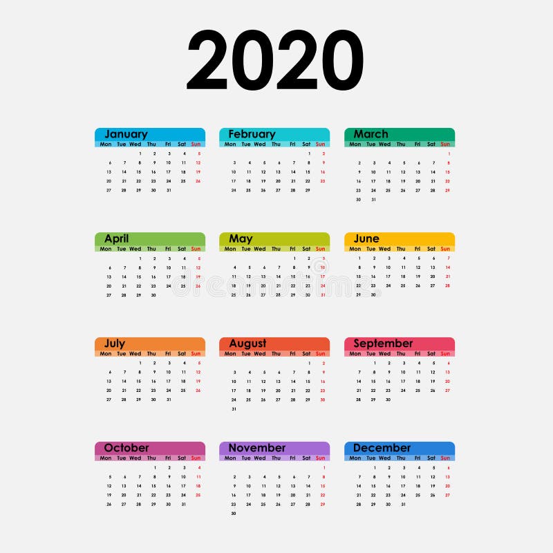 2020 ημερολογιακό πρότυπο Ημερολογιακό 2020 σύνολο 12 μηνών Ετήσιο πρότυπο χαρτικών ημερολογιακού διανυσματικό σχεδίου επίσης cor απεικόνιση αποθεμάτων