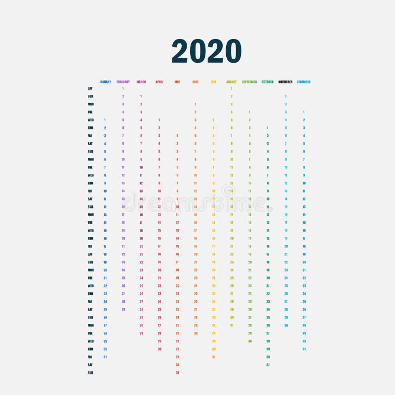 2020 ημερολογιακό πρότυπο Ημερολογιακό 2020 σύνολο 12 μηνών Ετήσιο πρότυπο χαρτικών ημερολογιακού διανυσματικό σχεδίου επίσης cor ελεύθερη απεικόνιση δικαιώματος