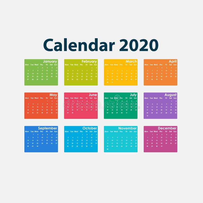 2020 ημερολογιακό πρότυπο Ημερολογιακό 2020 σύνολο 12 μηνών Ετήσιο πρότυπο χαρτικών ημερολογιακού διανυσματικό σχεδίου επίσης cor διανυσματική απεικόνιση