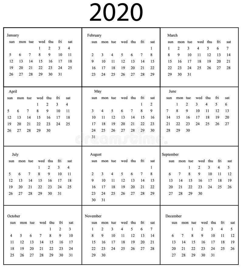 ημερολογιακό πρότυπο του 2020 Η Κυριακή ενάρξεων απεικόνιση αποθεμάτων