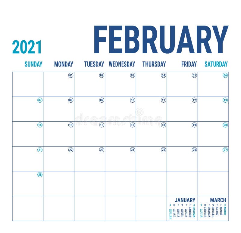 ημερολογιακό φεβρουάριο 2021. πρότυπο αγγλικού ημερολογίου. πλέγμα τετράγωνου διανύσματος. σχεδιασμός επιχειρήσεων. δημιουργικός σ απεικόνιση αποθεμάτων
