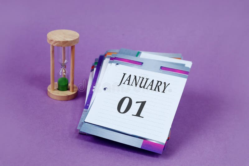 Calendar for January 1: loose-leaf calendar with the name of the month in English, numbers 01, hourglass on a pastel background. Calendar for January 1: loose-leaf calendar with the name of the month in English, numbers 01, hourglass on a pastel background.