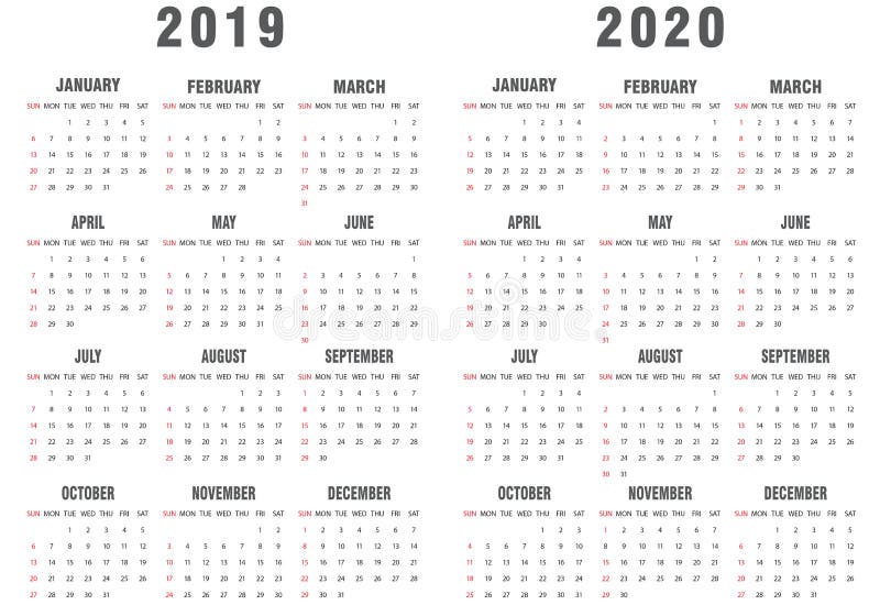 2019-2020 ημερολόγιο γκρίζο και άσπρο διανυσματική απεικόνιση