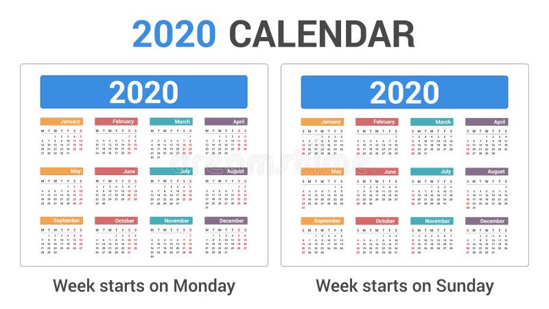 Ημερολόγιο 2020 διανυσματική απεικόνιση
