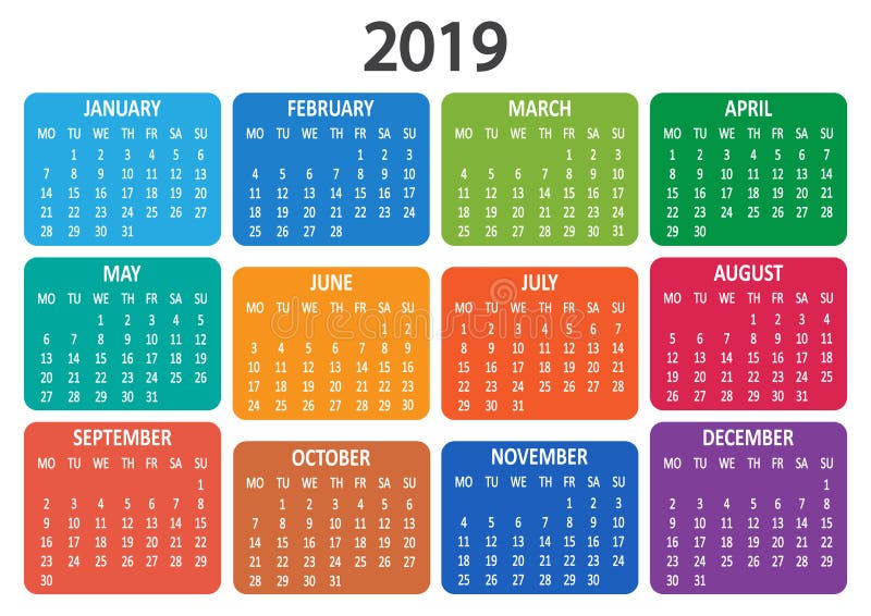 Ημερολόγιο 2019 Ενάρξεις εβδομάδας από τη Δευτέρα επίσης corel σύρετε το διάνυσμα απεικόνισης απεικόνιση αποθεμάτων Ημερολόγιο 2019 Ενάρξεις εβδομάδας από τη Δευτέρα επίσης corel σύρετε το διάνυσμα απεικόνισης απεικόνιση αποθεμάτων