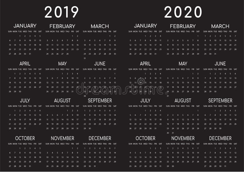 2019-2020 ημερολόγιο μαύρο Backgrounded απεικόνιση αποθεμάτων