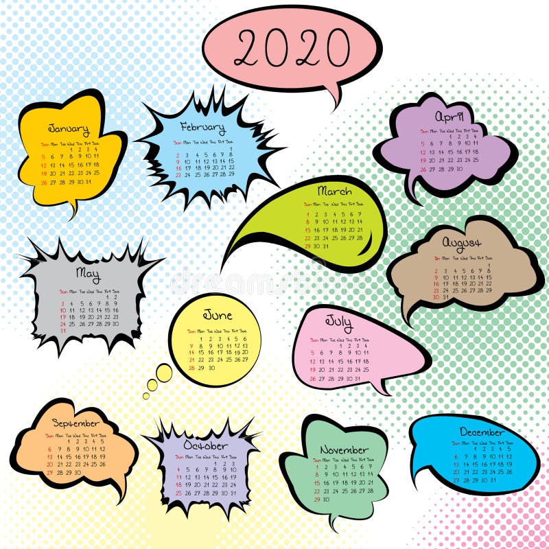 Ημερολόγιο 2020 με έγχρωμες φυσαλίδες ομιλίας ελεύθερη απεικόνιση δικαιώματος