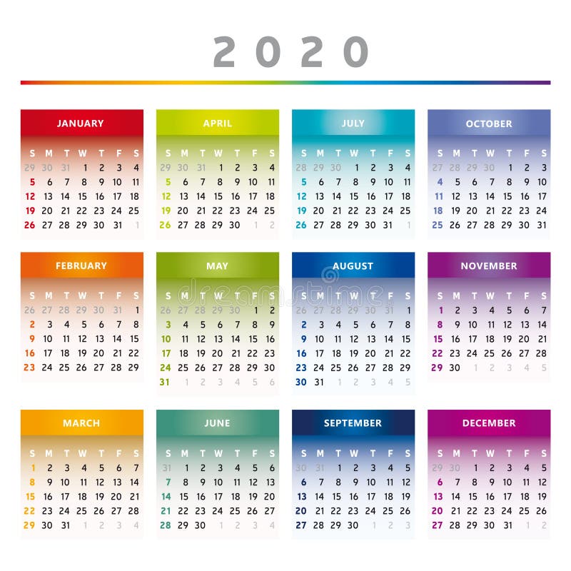 Ημερολόγιο 2020 με πλαίσια στα χρώματα ουράνιου τόξου 4 στήλες - Αγγλικά διανυσματική απεικόνιση