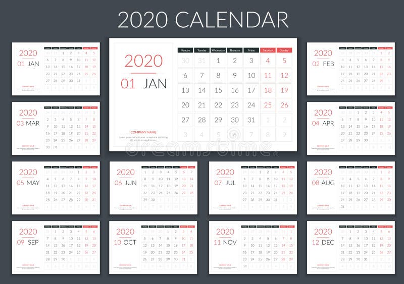 Ημερολόγιο 2020 διανυσματική απεικόνιση