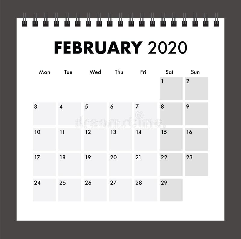 Ημερολόγιο Φεβρουαρίου 2020 με ενσύρματη ζώνη διανυσματική απεικόνιση