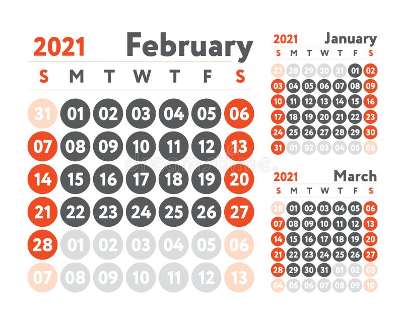 ημερολόγιο φεβρουαρίου 2021. σχεδίαση προγραμματισμού. ημερολόγιο αγγλικών. πρότυπο διάνυσματος κόκκινου χρώματος. η εβδομάδα ξεκι διανυσματική απεικόνιση