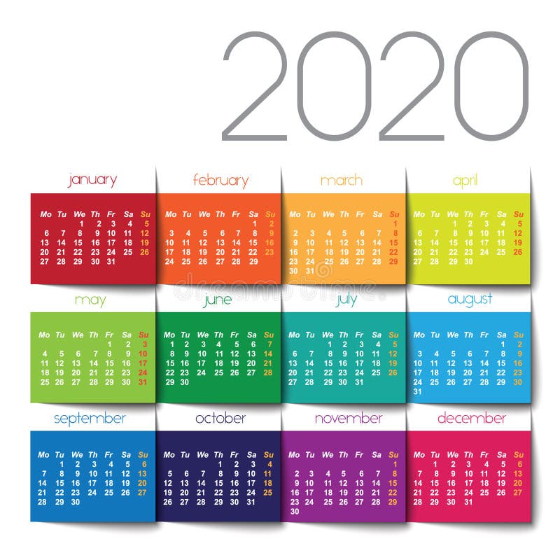 Ημερολόγιο 2020. χρωματική καταχώρηση απεικόνιση αποθεμάτων