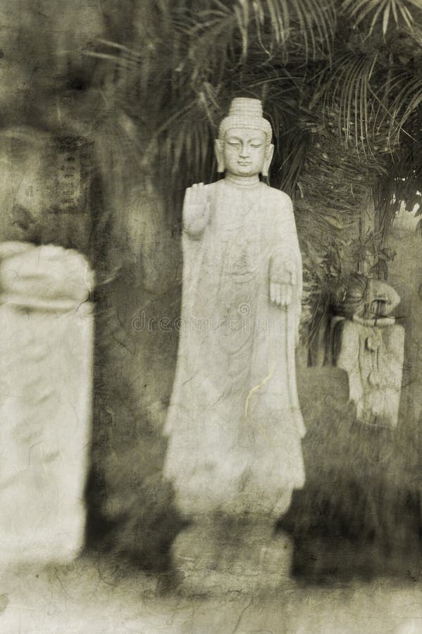 Mixed medium photo illustration art of a Buddha sculpture in a garden setting. His hands are in an up and down open palm mudra indicating equanitmity and yin and yang. Mixed medium photo illustration art of a Buddha sculpture in a garden setting. His hands are in an up and down open palm mudra indicating equanitmity and yin and yang.