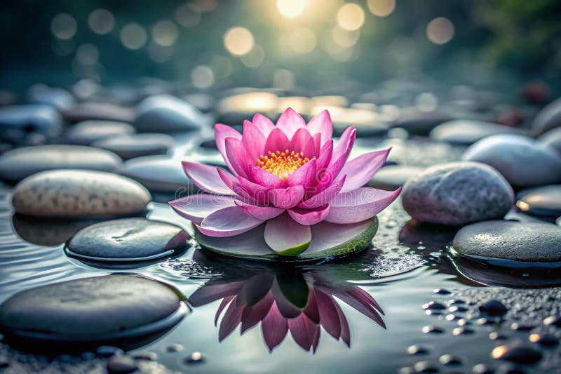 Ηρεμία Lotus Και Μακροεξερεύνηση Ευαίσθητων Ανθών Και Λείες Πέτρες Που Αναπαύονται Σε Ύδατα Επιφάνεια Που αιχμαλωτίζει το διανυσματική απεικόνιση