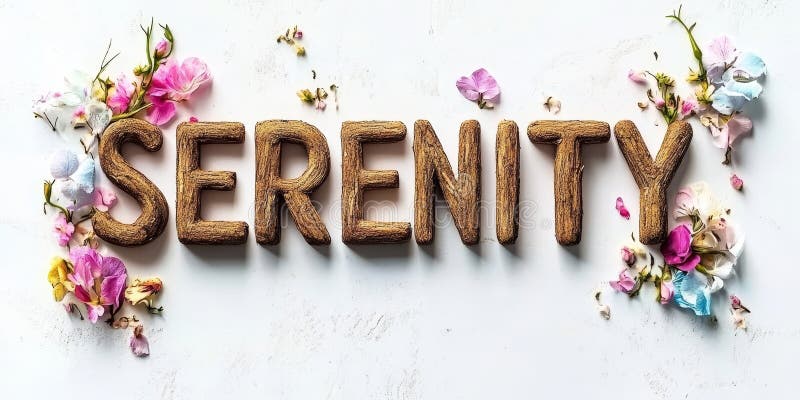 Ηρεμία στο Bloom Wooden Serenity Word Art λατρευμένο με άνθη στο OffWhite Background ελεύθερη απεικόνιση δικαιώματος