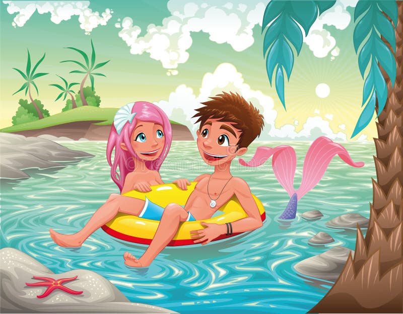 Boy and Mermaid in the sea. Funny cartoon and illustration. Objects isolated. Boy and Mermaid in the sea. Funny cartoon and illustration. Objects isolated