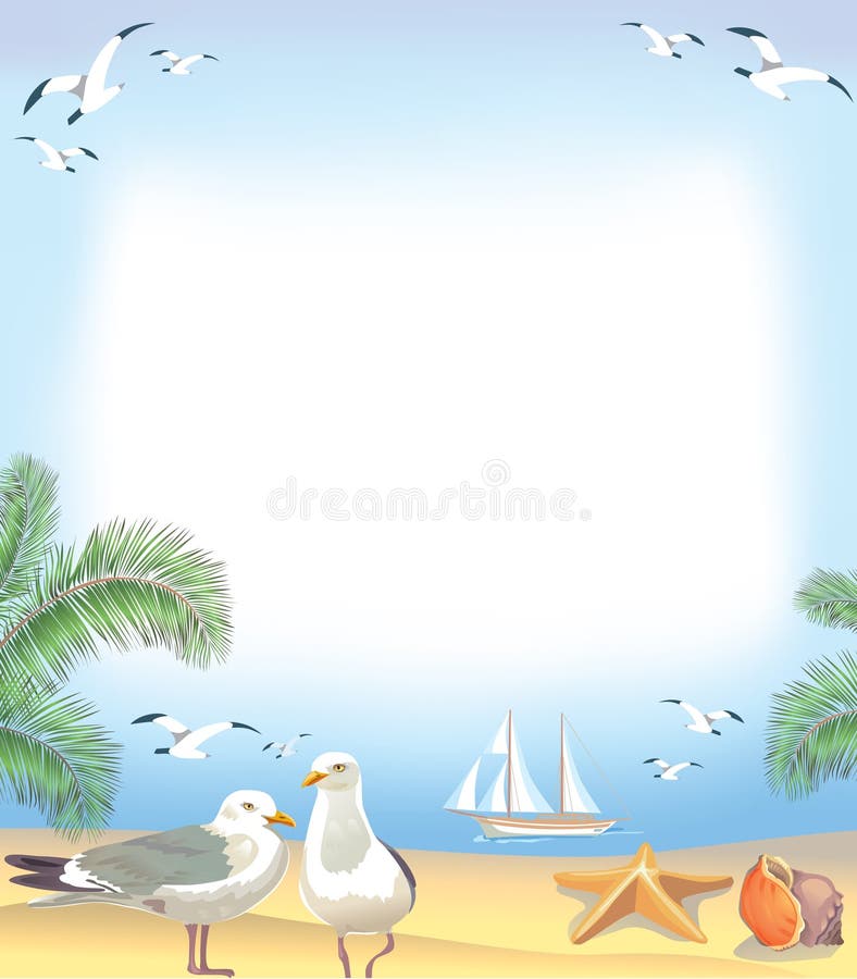 Sea beach frame with gulls, beach and yacht. Sea beach frame with gulls, beach and yacht