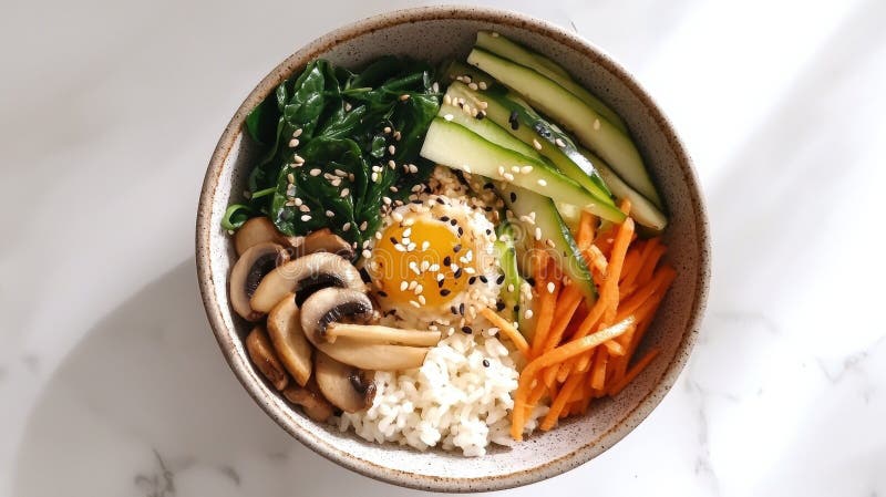 Θέα από πάνω προς τα κάτω της κορεάτικης bimbap σε χαλαϊκό κεραμικό μπολ με ζωντανή φυτική διάταξη απεικόνιση αποθεμάτων
