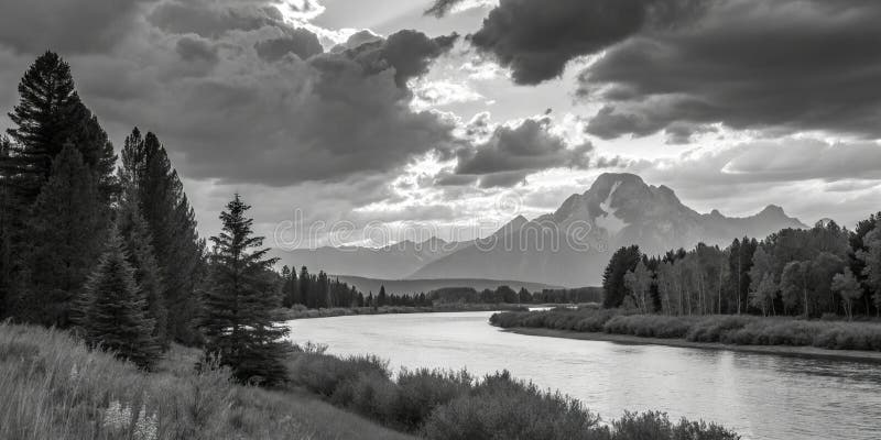 Θέα στον ριοταό Grand Teton σε ασπρόμαυρο τοριίο ελεύθερη απεικόνιση δικαιώματος