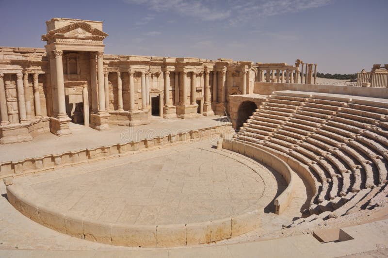 The second most noteworthy remain in Palmyra is the theater, today having 9 rows of seating, but most likely having up to 12 with the addition of wooden structures. It has been dated to the early 1st century AD. The second most noteworthy remain in Palmyra is the theater, today having 9 rows of seating, but most likely having up to 12 with the addition of wooden structures. It has been dated to the early 1st century AD.