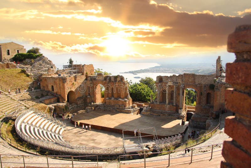 Taormina theater in Sicily against sunset, Italy. Taormina theater in Sicily against sunset, Italy