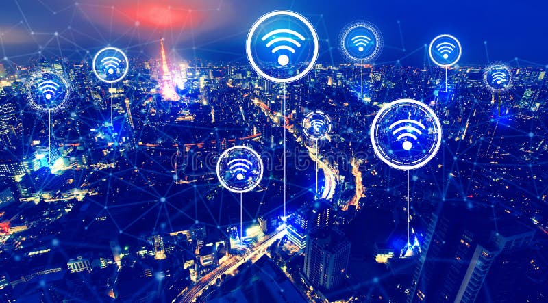 Θέμα Wifi με την εναέρια άποψη του Τόκιο στοκ εικόνες