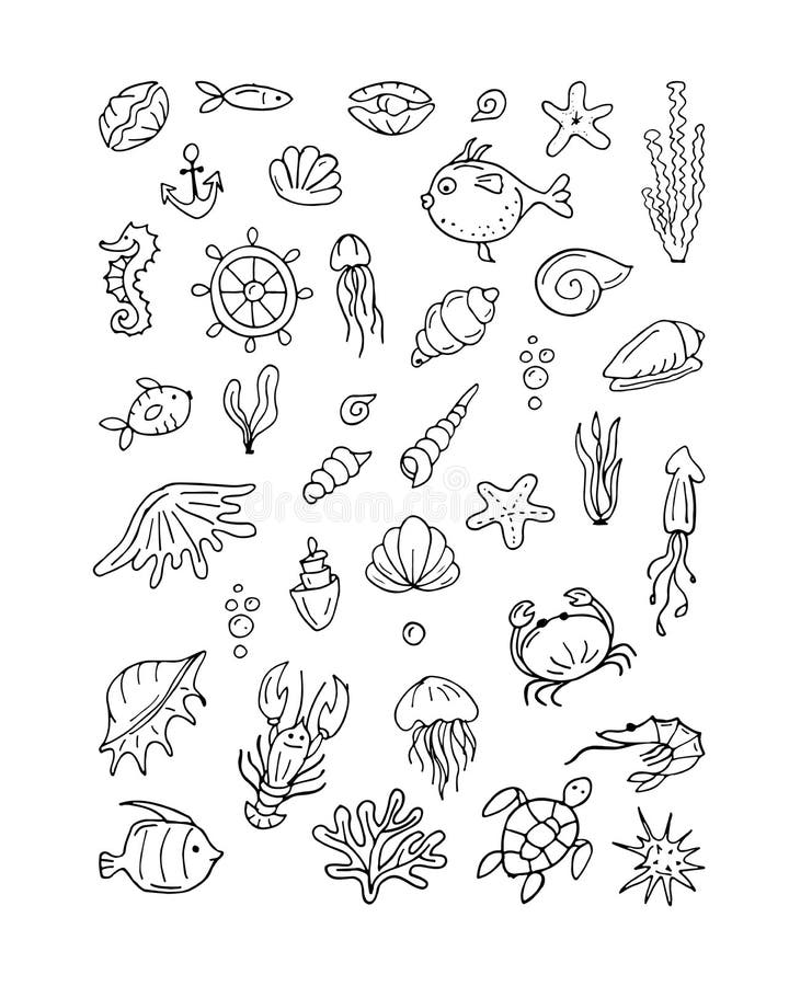 Marine life, collection of sketches for your design. Vector illustration. Marine life, collection of sketches for your design. Vector illustration
