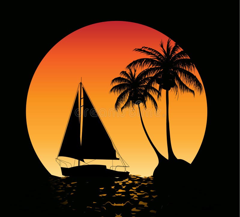 Summer background with palm trees and a yacht on the ocean. Summer background with palm trees and a yacht on the ocean