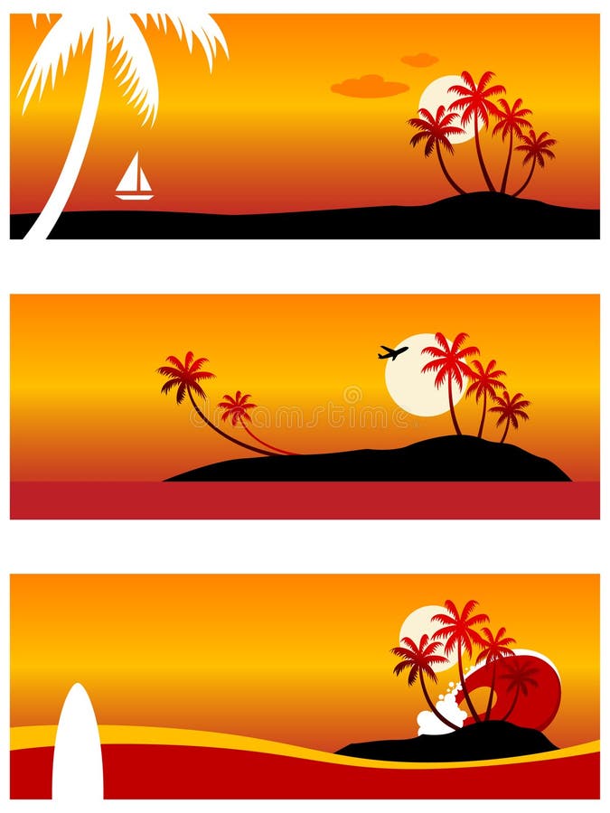 Vector landscape (top-bottom): Cruising in a yacht; Airplane over a tropical island; Surfboard and a huge wave. Vector landscape (top-bottom): Cruising in a yacht; Airplane over a tropical island; Surfboard and a huge wave.
