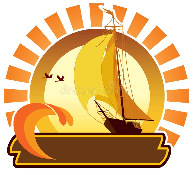 Summer icon - tropical sunset and sailing yacht. Summer icon - tropical sunset and sailing yacht