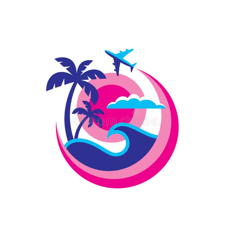 Summer travel - concept business logo template vector illustration. Holiday paradise creative sign. Sea wave, tropical palms, sun, cloud, airplane symbols. Elegant composition. Graphic design elements. Summer travel - concept business logo template vector illustration. Holiday paradise creative sign. Sea wave, tropical palms, sun, cloud, airplane symbols. Elegant composition. Graphic design elements