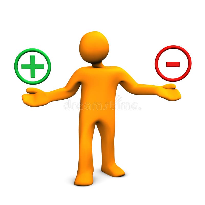 3d illustration of figure balancing positive and negative signs, weighing pros and cons concept with white background. 3d illustration of figure balancing positive and negative signs, weighing pros and cons concept with white background.