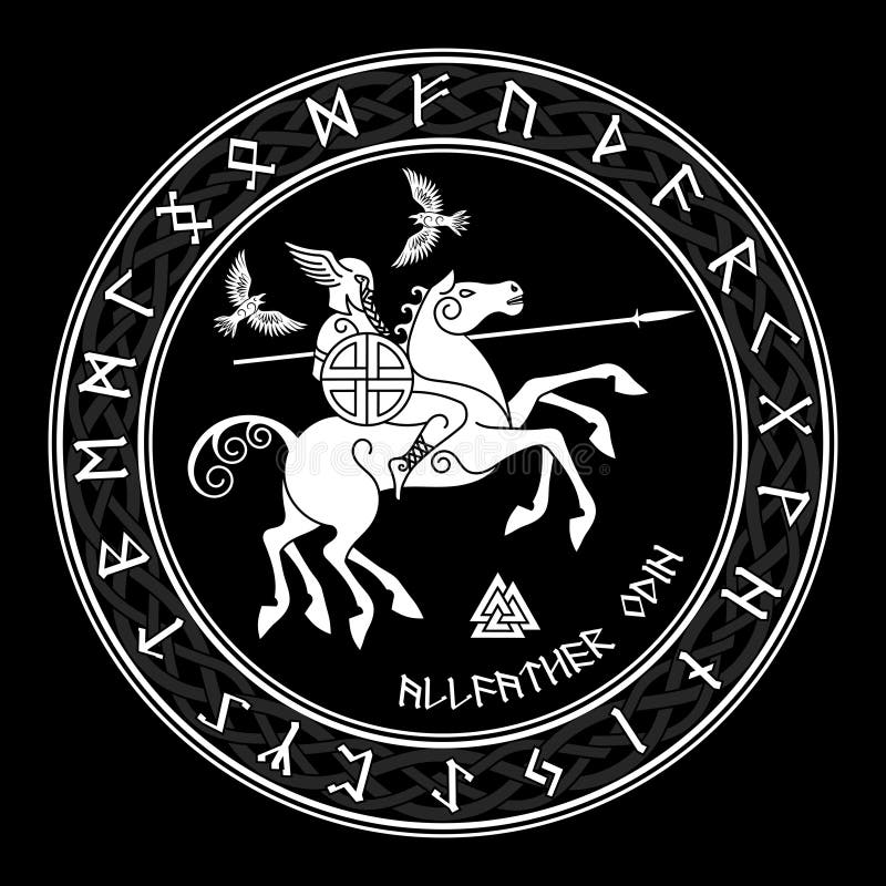 Θεός Wotan, που οδηγά σε άλογο Sleipnir με μια λόγχη και δύο κοράκια σε έναν κύκλο των ρούνων Νορβηγών Απεικόνιση των Νορβηγών ελεύθερη απεικόνιση δικαιώματος Θεός Wotan, που οδηγά σε άλογο Sleipnir με μια λόγχη και δύο κοράκια σε έναν κύκλο των ρούνων Νορβηγών Απεικόνιση των Νορβηγών ελεύθερη απεικόνιση δικαιώματος