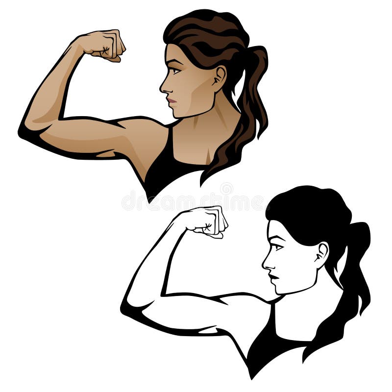 Strong fitness woman body builder vector graphic illustration, flexing arm muscle, head turned to right with a fearless look on her face. Includes both color and black line drawing versions. Strong fitness woman body builder vector graphic illustration, flexing arm muscle, head turned to right with a fearless look on her face. Includes both color and black line drawing versions.