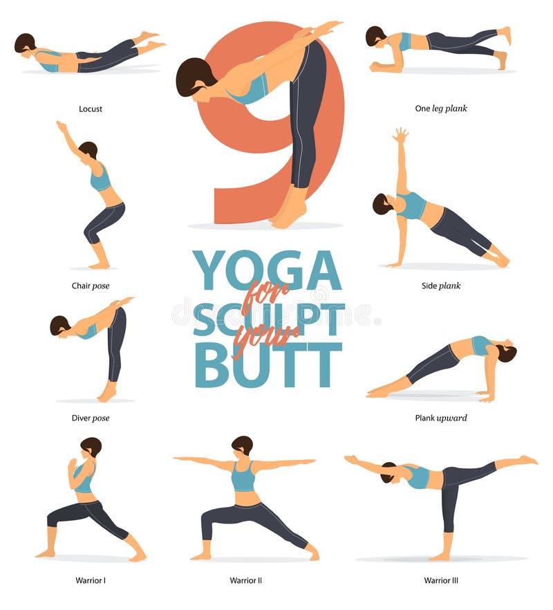 Set of yoga postures female figures Infographic . 6 Yoga poses for Sculpt your butt in flat design. Woman figures exercise in blue sportswear and black yoga pants. Vector Illustration. Set of yoga postures female figures Infographic . 6 Yoga poses for Sculpt your butt in flat design. Woman figures exercise in blue sportswear and black yoga pants. Vector Illustration.