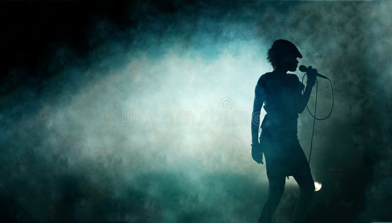 Silhouette of a female singer with microphone with spotlight and smoke. Silhouette of a female singer with microphone with spotlight and smoke.