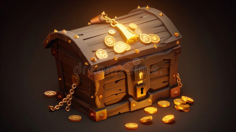 Treasure chest open with gold coins, locked with chain and padlock and key. Game icon of rare loot with ancient wooden trunk filled with glowing golden money, modern cartoon set isolated on white.. AI generated. Treasure chest open with gold coins, locked with chain and padlock and key. Game icon of rare loot with ancient wooden trunk filled with glowing golden money, modern cartoon set isolated on white.. AI generated