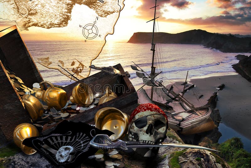Rising sun on the coast of an Island with a ship wreck and treasure chest, a skull with a sabre and a pirate flag, with a map at the background. Rising sun on the coast of an Island with a ship wreck and treasure chest, a skull with a sabre and a pirate flag, with a map at the background.