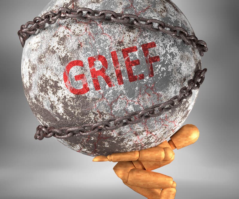 Grief and hardship in life - pictured by word Grief as a heavy weight on shoulders to symbolize Grief as a burden, 3d illustration. Grief and hardship in life - pictured by word Grief as a heavy weight on shoulders to symbolize Grief as a burden, 3d illustration.