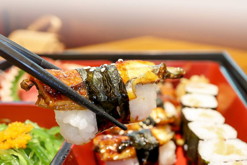 Ιαπωνικό χέλι ή Unagi Sushi Rolls στο ξύλινο φόντο των ξυδιών, στο ιαπωνικό εστιατόριο Έννοια ιαπωνικών τροφίμων στοκ εικόνα Ιαπωνικό χέλι ή Unagi Sushi Rolls στο ξύλινο φόντο των ξυδιών, στο ιαπωνικό εστιατόριο Έννοια ιαπωνικών τροφίμων στοκ εικόνα