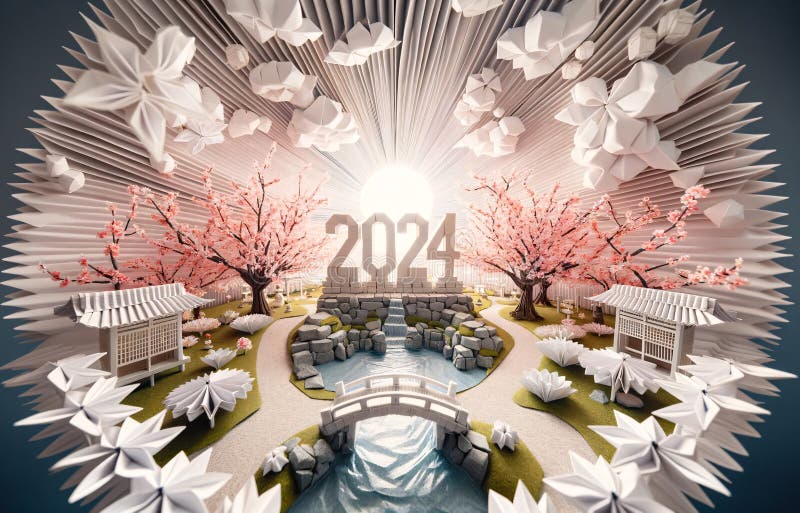 ιαπωνικός κήπος serene origami με σύννεφα 2024 απεικόνιση αποθεμάτων