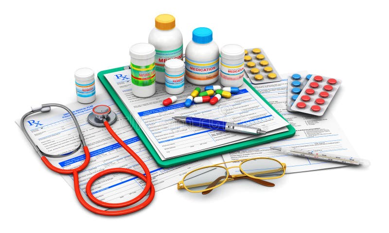 Creative abstract medical doctor insurance and healthcare pharmaceutical concept: 3D render illustration of green clipboard pad with blue prescription medicine drug claim form, ballpoint pen, eyeglasses, stethoscope and group of plastic bottles and containers with color drug pills, heap of tablets and other supplies isolated on white background. Creative abstract medical doctor insurance and healthcare pharmaceutical concept: 3D render illustration of green clipboard pad with blue prescription medicine drug claim form, ballpoint pen, eyeglasses, stethoscope and group of plastic bottles and containers with color drug pills, heap of tablets and other supplies isolated on white background