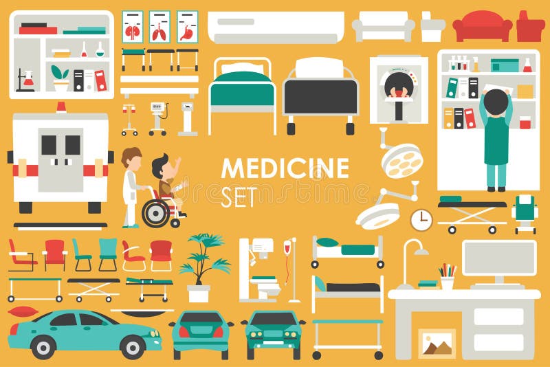 Ιατρική μεγάλη συλλογή στην επίπεδη έννοια υποβάθρου σχεδίου Στοιχεία Infographic που τίθενται με το γιατρό και τη νοσοκόμα προσω